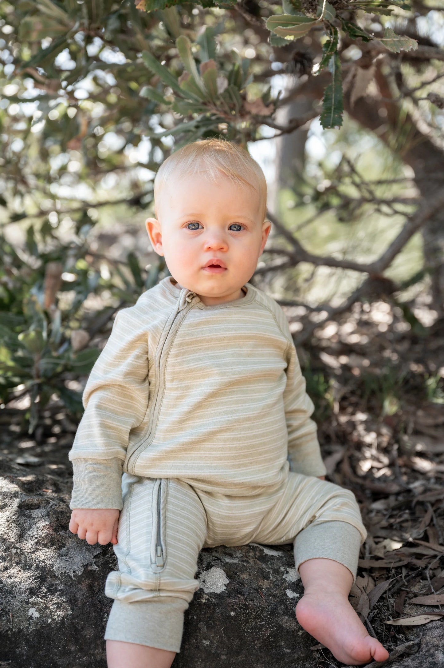 Undyed Organic Cotton Double Stripe Side Zip Romper